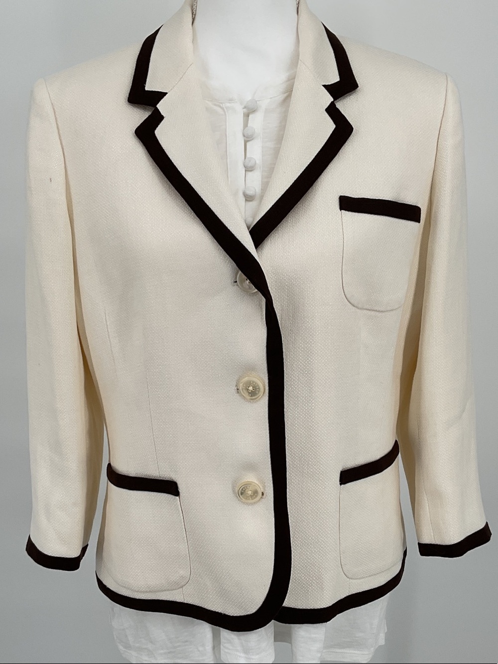 Lauren Ralph Lauren Cream Linen Contrast Trim Blazer Ivory Black Size 14
